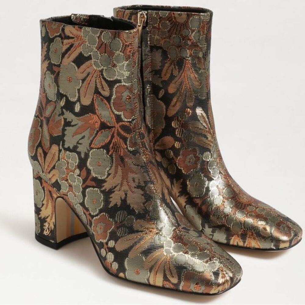 Sam Edelman Fawn Floral Satin Chunky Block Heel Metallic Bronze Gold Boot 8 GUC